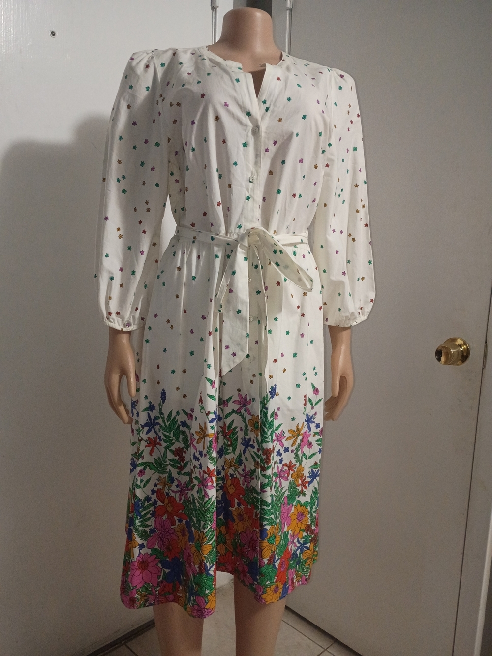 100% Cotton Talbots Ivory Midi Dress with Multicolor Floral Border - Picture 2 of 11